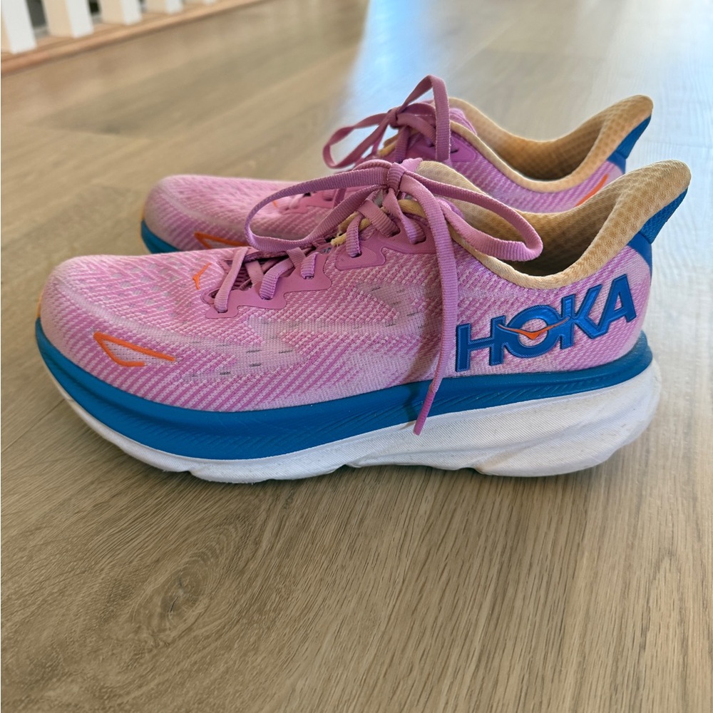 HOKA Pink and Blue Running Shoes